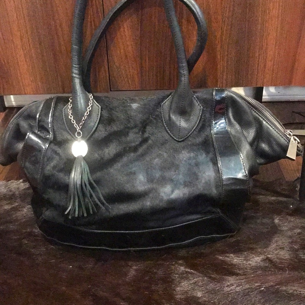 Genuine leather and hair calf satchel with patent trim